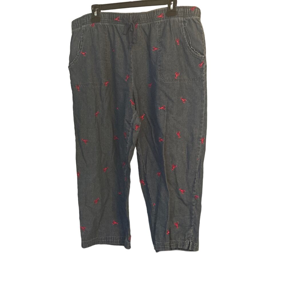 Denim Lobster Embroidered Capri Pants Womans L Elastic Tie Waist Nautical Beachy